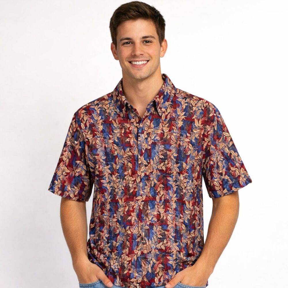 VTG Hilo Hattie Hawiian Popover Shirt Mens Sz XL Burgundy Navy Dark Floral Aloha